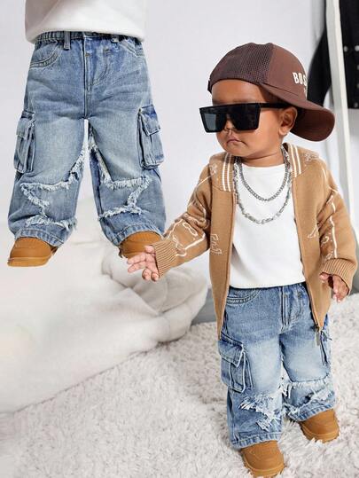 SHEIN Toddler/Baby Boys Distressed Fashionable Cute Star Patchwork Retro Loose Fit Blue Jeans,For Baby Fall/Winter Daily Wear Outfits