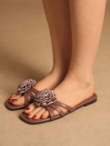 Rosivie Women's Rose 3D Flower Strap Slide Sandals - Brown - View 2