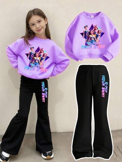 2 st. unga flickor casual K-POP tecknad figur tryck långärmad rund halsad tröja och utsvängda byxor set, bekväma vardags- och helgkläder, lämpliga för höst/vinter, K-POP stil outfit