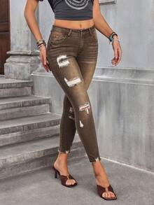 EMERY ROSE Quần jean nữ dáng skinny rách có túi, kiểu dáng thường ngày, đa năng. - Cà phê nâu - Xem 3