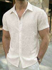 HIMLAND Men's Casual Loose Fit Cashew Print Short Sleeve Single-Breasted Shirt Premium Textured Fabric  Summer Wardrobe Essentials Casual Outfit Ideas Laid-Back Look  Daily Essential Wardrobe Staple Basic Style All-Match Style Go-To Piece Mix-And-Match Item Casual Versatile Style  Summer Wardrobe Essentials Casual Outfit Ideas Laid-Back Look Premium Textured Fabric  Daily Essential Wardrobe Staple Basic Style All-Match Style Go-To Piece Mix-And-Match Item Casual Versatile Style Hand-Beaded Ummer Wardrobe Essentials Casual Outfit Ideas Laid-Back Look Designer Style - Apricot - View 1