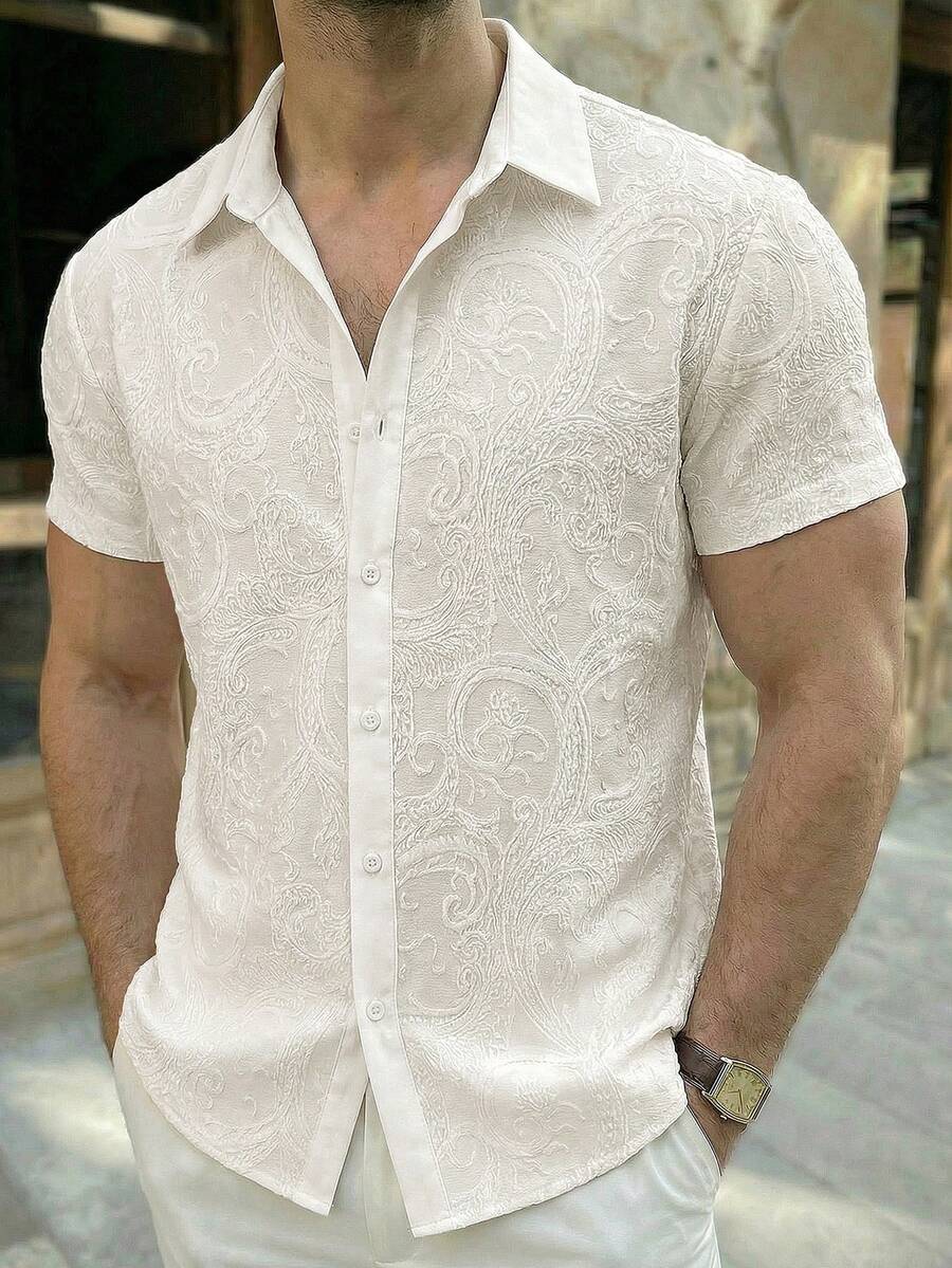 HIMLAND Men's Casual Loose Fit Cashew Print Short Sleeve Single-Breasted Shirt Premium Textured Fabric  Summer Wardrobe Essentials Casual Outfit Ideas Laid-Back Look  Daily Essential Wardrobe Staple Basic Style All-Match Style Go-To Piece Mix-And-Match Item Casual Versatile Style  Summer Wardrobe Essentials Casual Outfit Ideas Laid-Back Look Premium Textured Fabric  Daily Essential Wardrobe Staple Basic Style All-Match Style Go-To Piece Mix-And-Match Item Casual Versatile Style Hand-Beaded Ummer Wardrobe Essentials Casual Outfit Ideas Laid-Back Look Designer Style - Apricot - View 1