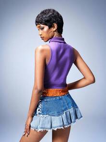 Y2Kool BiGraphic Women's Purple And Gold Sexy Sleeveless Top With Fashionable Color-Blocking, Summer Y2k 2000s Style 90s Fashion - Purple - View 2