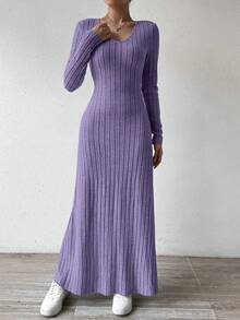 SHEIN Raffinéa 纯色V领针织抓绒长袖A字连衣裙女装 - 紫色 - 查看 5