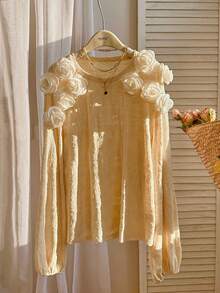 Modelyn Maglione a maniche lunghe con motivo floreale 3D in maglia tinta unita, taglie comode per donna - Albicocca - Visualizzare 1