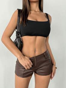 SHEIN PETITE Quần short nữ màu trơn, khóa kéo phía trước, kiểu dáng thường ngày, quần short siêu ngắn màu nâu, quần short da cho nữ, quần short da màu nâu gợi cảm cho nữ. - màu nâu - Xem 4
