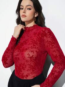 Maija Áo lưới cổ cao xuyên thấu in hoa dành cho nữ cỡ lớn (không kèm áo ngực), áo công sở thường ngày, áo dài tay màu đỏ thanh lịch mùa hè, áo lưới đỏ, áo ren dài tay, áo ren đỏ. - Đỏ - Xem 5