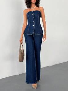 EURMUSE Women's Single-Breasted Denim Bustier Top And Denim Flare Pants Fashion Set - Medium Wash - View 4