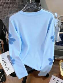 Resyla 3D珍珠花卉数码印花圆领女式长袖印花T恤 - 彩色 - 查看 2