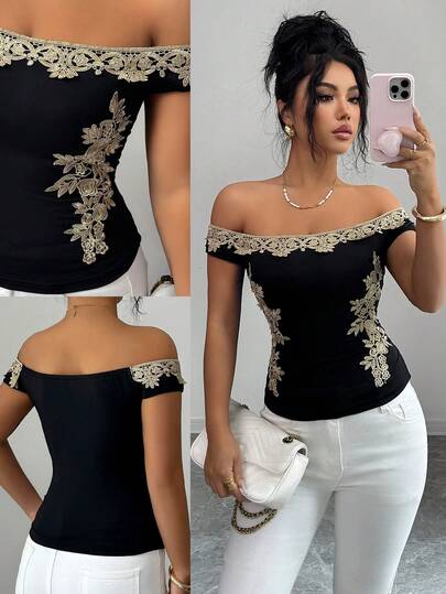 SHEIN Raffinéa Damen sexy & elegantes tägliches Goldblumen-Dekor Schulterfreies Top, figurbetontes Design mit goldenem Taillenapplikation, gestrickte dehnbare Glockenärmel einfarbiges schulterfreies anmutiges Damen T-Shirt, geeignet für Frauen, Frühling/Sommer