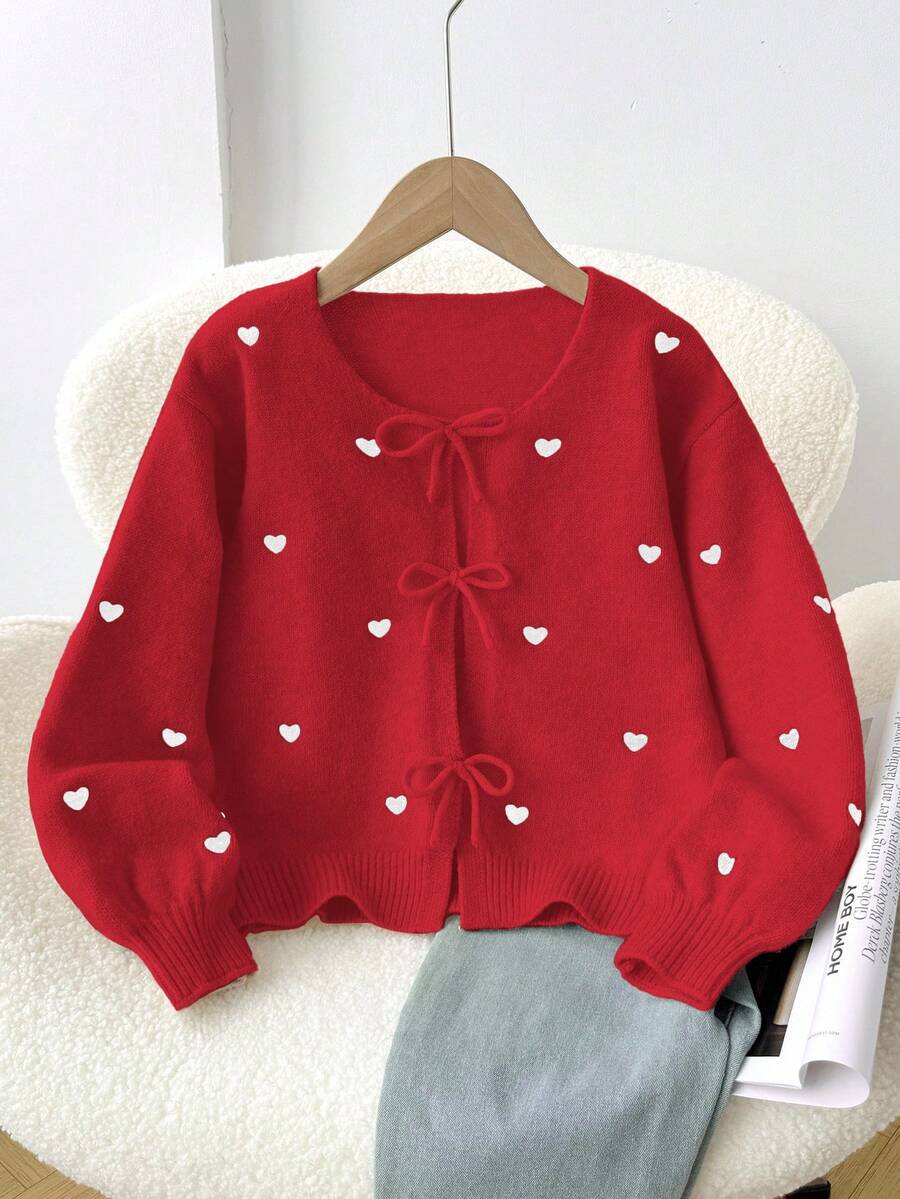 SHEIN Frenchy Women's Casual Elegant Knitted Cardigan With Heart Embroidery, Suitable For Autumn/Winter - Red - View 1