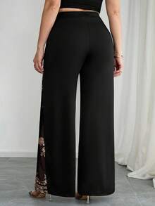 SHEIN Tall CURVE 大码女式优雅高腰亮片网纱拼接阔腿宽松裤，适合派对穿着 - 黑色 - 查看 3