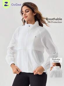 OutZeal Veste de protection solaire pour femmes, été, camping, randonnée, protection UV, capuche amovible, col montant avec poches latérales - Blanc - Voir 10