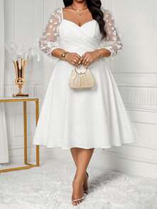 SHEIN Lady 大码夏季优雅撞色网纱贴花心形领连衣裙 - 白色 - 查看 4