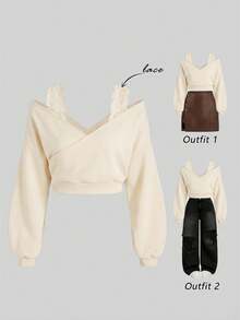 SHEIN MOD Plus Size Lace Trim Off Shoulder Long Sleeve Cropped Sweatshirt - Apricot - View 5