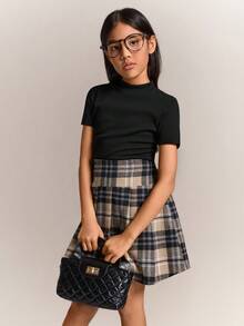 Radiana Tween Girls Black Ribbed Knit Crop Top And Khaki Plaid Pleated Skirt 2 Pieces Outfit, Casual And Collegiate Style - Khaki - View 7