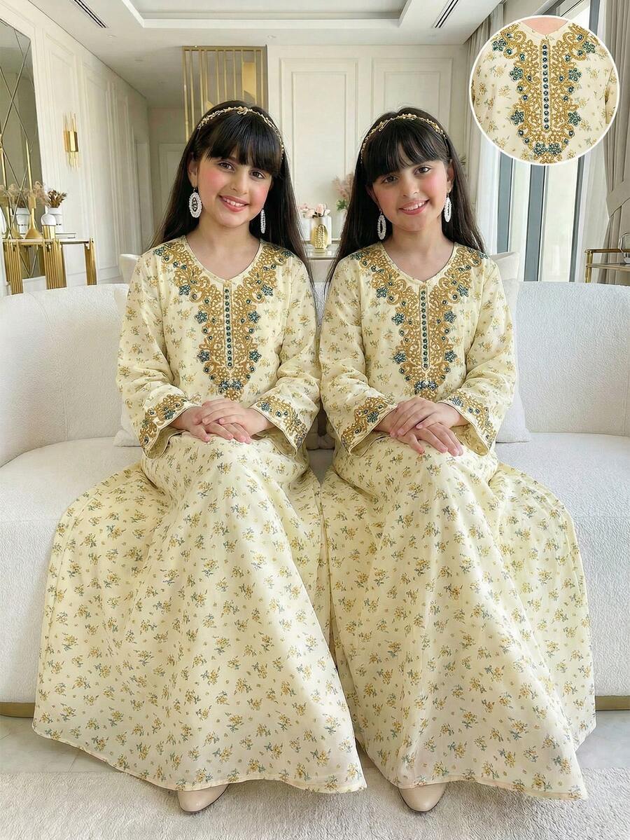 SHEIN Tween Girl Beige Delicate Ditsy Floral Dignified Dress - Beige - View 1