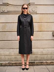 Lumivelle 女士条纹西装连衣裙，高端藏蓝色细条纹长袖收腰修身中长款连衣裙，适合办公室通勤，可拆卸腰带设计，百搭优雅造型（含腰带） - 黑色 - 查看 5