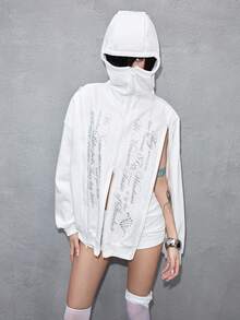 ROMWE Avant Y3K Avant-Garde Sweatshirt With Silver Numeric & English Graphic Print, For Women - White - View 10