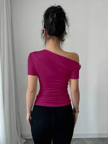 Rafferiza Women's Elegant Asymmetric Neck 3D Rose Gold Metal Button Decor Short Sleeve T-Shirt - Hot Pink - View 2