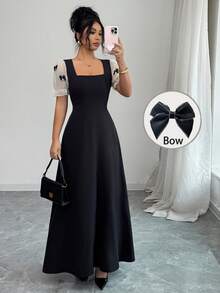 Elenzga 女士优雅通勤连衣裙，蝴蝶结装饰泡泡袖，夏季 - 彩色 - 查看 1