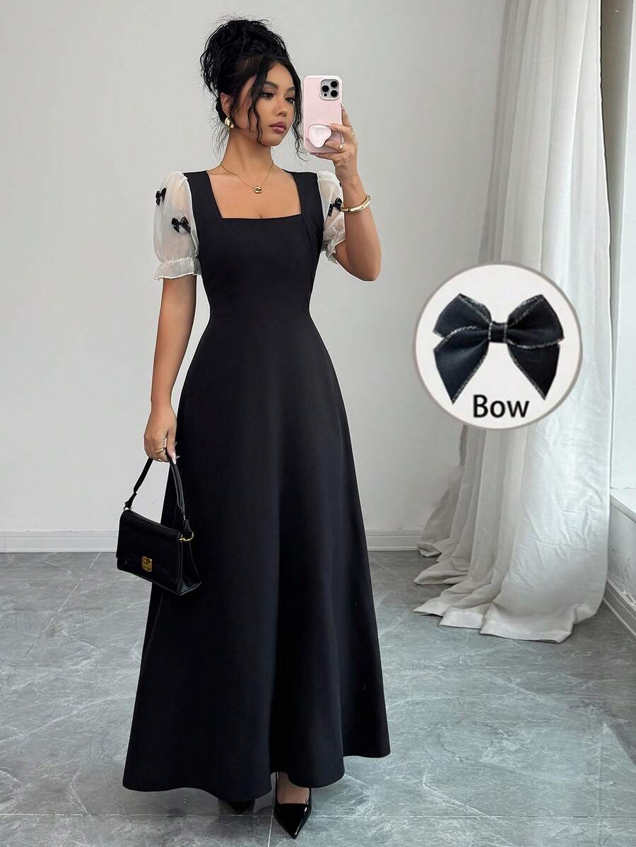 Elenzga 女士优雅通勤连衣裙，蝴蝶结装饰泡泡袖，夏季 - 彩色 - 查看 1