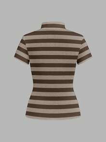 Attitoon Áo thun nữ cổ cao tay ngắn ôm sát, phong cách vintage punk Y2K đa năng, thoải mái cho mùa thu/đông, thích hợp cho các bữa tiệc hoặc sân bay. - màu nâu - Xem 2