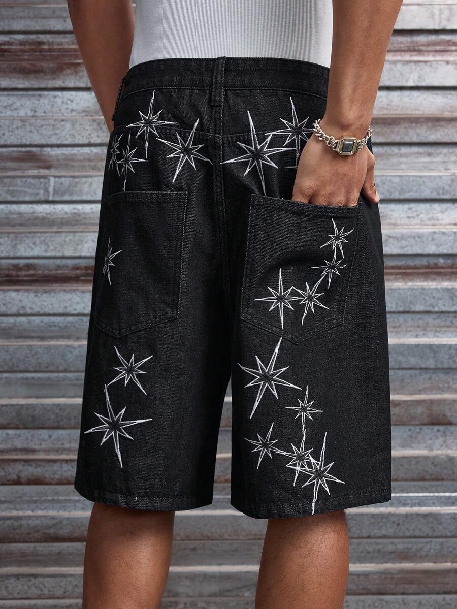 AXEPEAK Men's Embroidered Pocket Casual Loose Fit Denim Shorts - Black - View 1