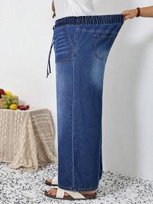 SHEIN Tall CURVE Quần jeans nữ cỡ lớn mùa hè và xuân, cạp chun, túi, ống rộng, dáng suông, thoải mái, co giãn, cạp chun đàn hồi. - Rửa tối - Xem 3