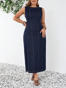 SHEIN Tall CURVE 春夏女士加大码无袖优雅牛仔度假休闲夏季长裙 - 深色水洗藍 - 查看 3