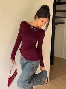 SHEIN PETITE CURVE Plus Size Elegant Solid Color Lace Patchwork Asymmetric Hem T-Shirt - Burgundy - View 2