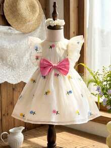 LMoss Kids Baby Girl Cute Organza Floral Pattern Ruffle Hem Sleeveless Dress, Summer