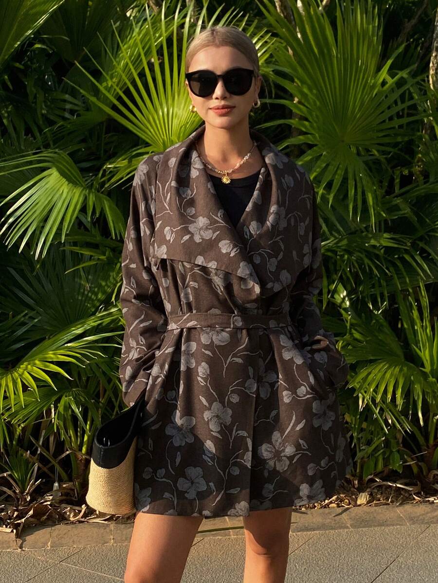 DAZY 女士休闲通勤印花夹克 - 棕色 - 查看 1