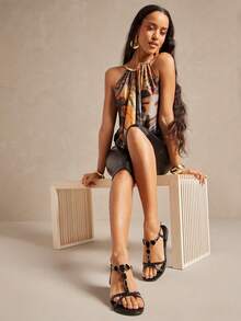 SHUZIA Women's Minimalist Comfortable, Durable, Stone Chain Strap Flat Sandals - Black - View 3