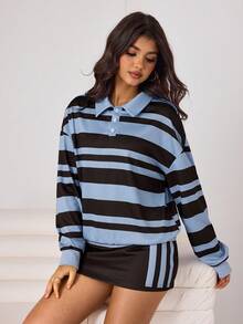 Aidyla Women's Casual Commuting Contrast Stripe Print Loose Polo Shirt And A-Line Skirt 2-Piece Set, Spring/Summer/Autumn - Multicolor - View 7