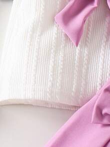 两件套女婴针织提花荷叶袖蝴蝶结饰边背心上衣和褶皱蝴蝶结半裙套装，时尚可爱休闲装 - 白色 - 查看 8