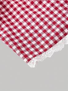 SHEIN MOD Áo sơ mi nữ cỡ lớn phong cách nghỉ dưỡng đồng quê mùa hè, họa tiết kẻ caro đỏ trắng, cổ Peter Pan, tay phồng, phối ren tương phản. - Đỏ và trắng - Xem 3