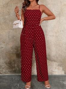 SHEIN Clasi 大码夏季时尚波点印花吊带连体裤 - 酒紅色 - 查看 3