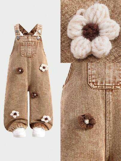 SHEIN Washed Denim Bib Pants For Baby Girls, Floral Print Loose Jumpsuit