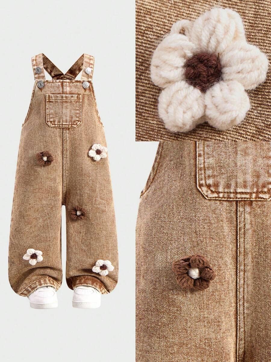 SHEIN Washed Denim Bib Pants For Baby Girls, Floral Print Loose Jumpsuit - Khaki - View 1