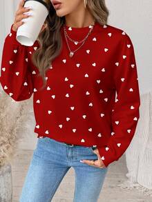 SHEIN LUNE Casual Vintage Elegant Commute Versatile Warm Romantic Heart-Shaped Red Valentine's Day Print Pattern, Comfortable Loose Fit Crew Neck Long Sleeve Sweatshirt For Women, Suitable For Autumn/Winter - Multicolor - View 6