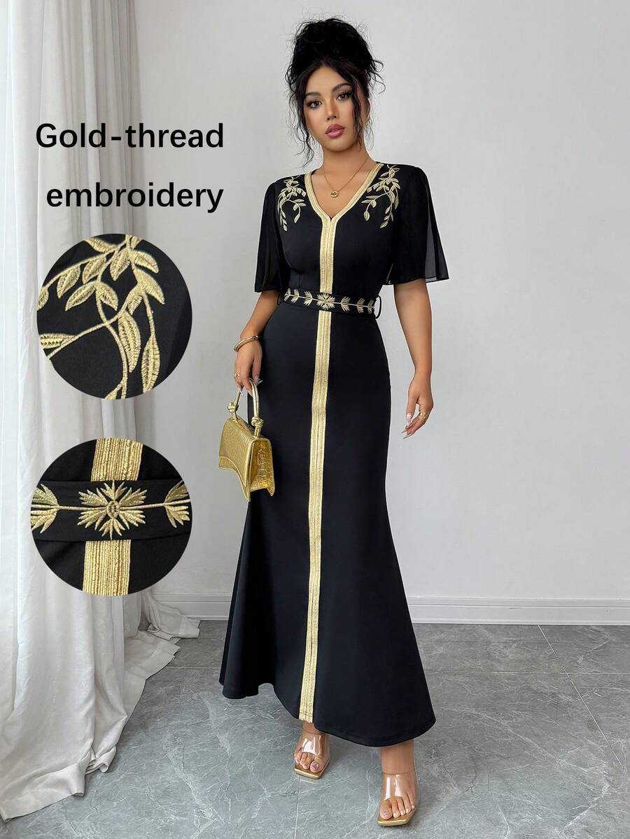 Selianne 优雅度假风刺绣雪纺荷叶袖鱼尾裙摆女装 - 黑色 - 查看 1