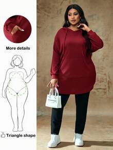 Truni Plus Size Casual Solid Color Drawstring Hooded Sweatshirt, Autumn New Years Women Birthday Women Fall Sweatshirt Winter, For Pear & Triangle Body Shape - Burgundy - View 1