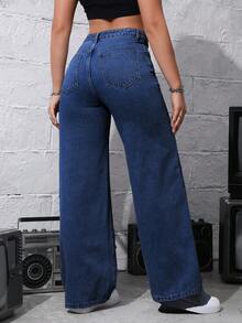 SHEIN Tall Women's Solid Color Slant Pocket Casual Straight-Leg Jeans - Dark Wash - View 2