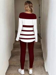 EMERY ROSE Bộ đồ 2 món cỡ lớn mùa xuân/thu: áo thun và quần legging kẻ sọc tương phản, kiểu dáng thường ngày. - Màu Đỏ Sâu - Xem 2