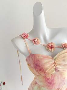 Sweetra 女士扎染面料性感简约浪漫不对称荷叶边下摆短前长后夏季度假连衣裙 - 粉色 - 查看 7