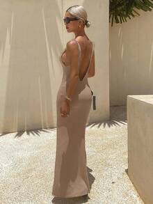 Livesso Women's Summer V-Neck Sleeveless Waist Cinched Knit Dress Spring - Khaki - View 2