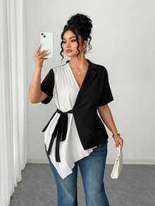 Elenzga Plus Size Casual Pleated Tie-Up Patchwork Fashion Shirt Women Blouses Elegant Black And White Blouse Black And White Shirt Wrap Tops For Women Business Casual Tops Woman - Black and White - View 4