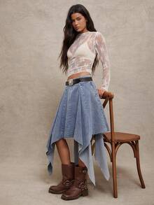 WESTFADE Pleated Handkerchief Raw Hem Asymmetrical Denim Midi Skirt - Medium Wash - View 2