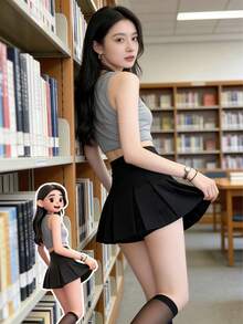 Falda mini plisada en línea A de cintura alta en gris, diseño favorecedory antibrillo - Negro - Ver 5